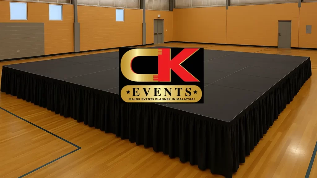 Black skirted modular stage setup in Putrajaya, suitable for weddings, launches, and presentations.