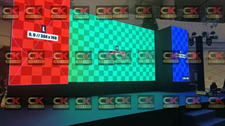P3 LED screen rental in Kuala Lumpur (KL) — triple-panel stage backdrop, high brightness for indoor shows.