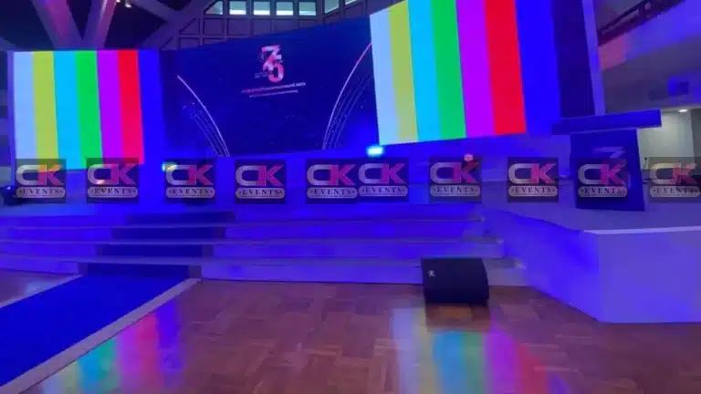 “Indoor LED screen rental in Kuala Lumpur (KL) — wide curved screen backdrop for gala dinner stage
