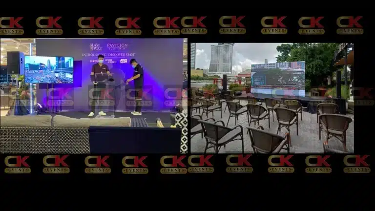 “KL LED screen rental — outdoor cafe riverfront setup with seating; ideal for brand showcase and mini launch.”