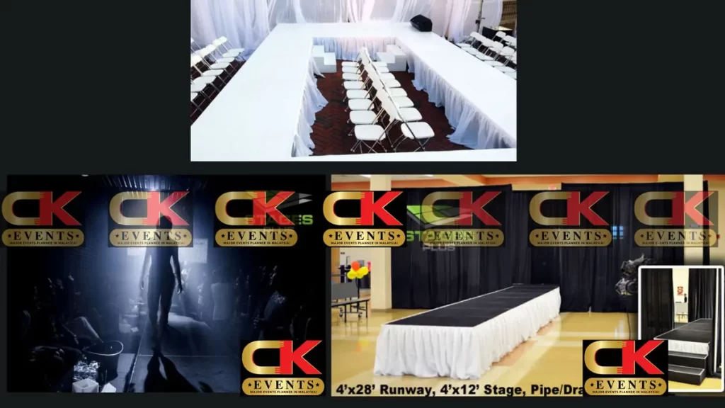 White runway catwalk stage rental with coordinating skirting and seating