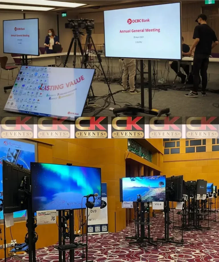 Line of TV displays showing presentation content at a corporate event