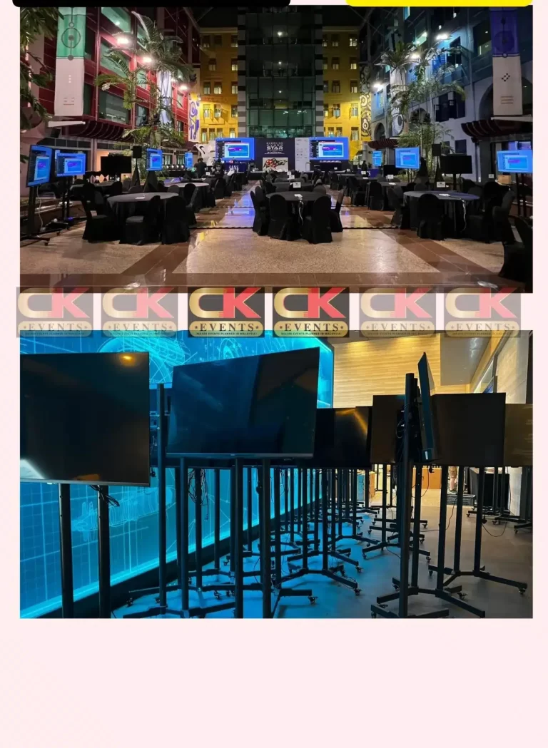 Stacked event TV screens on rolling stands