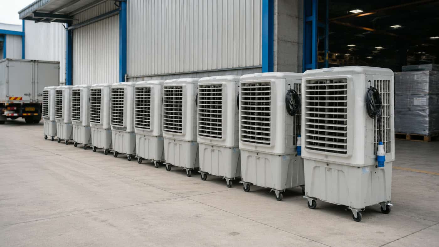 Air cooler rental Kajang Balakong warehouse bulk units lined up for delivery