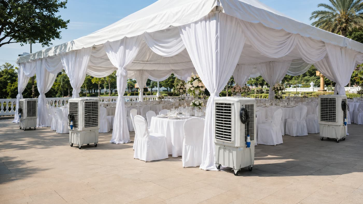 Air cooler rental Petaling Jaya outdoor wedding canopy with multiple cooler units