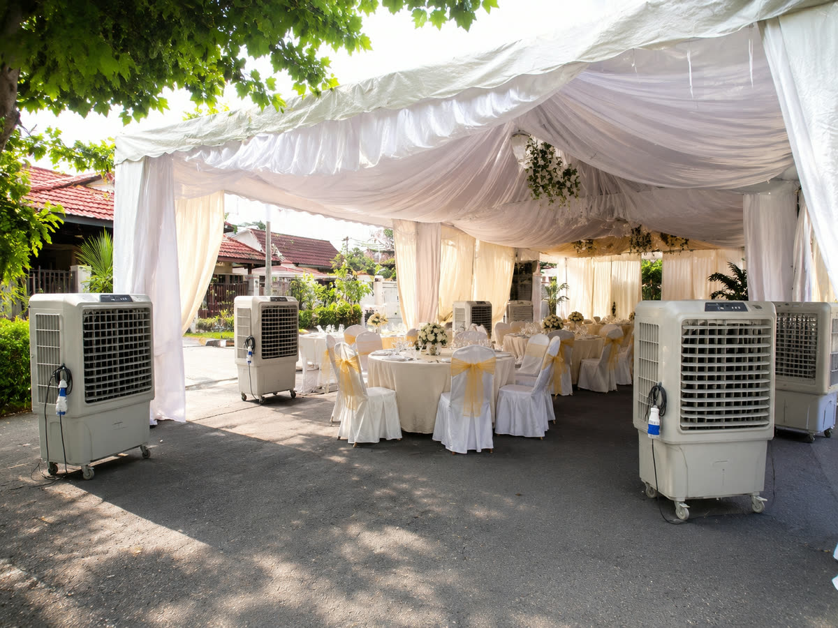 Air cooler rental Puchong house canopy wedding setup