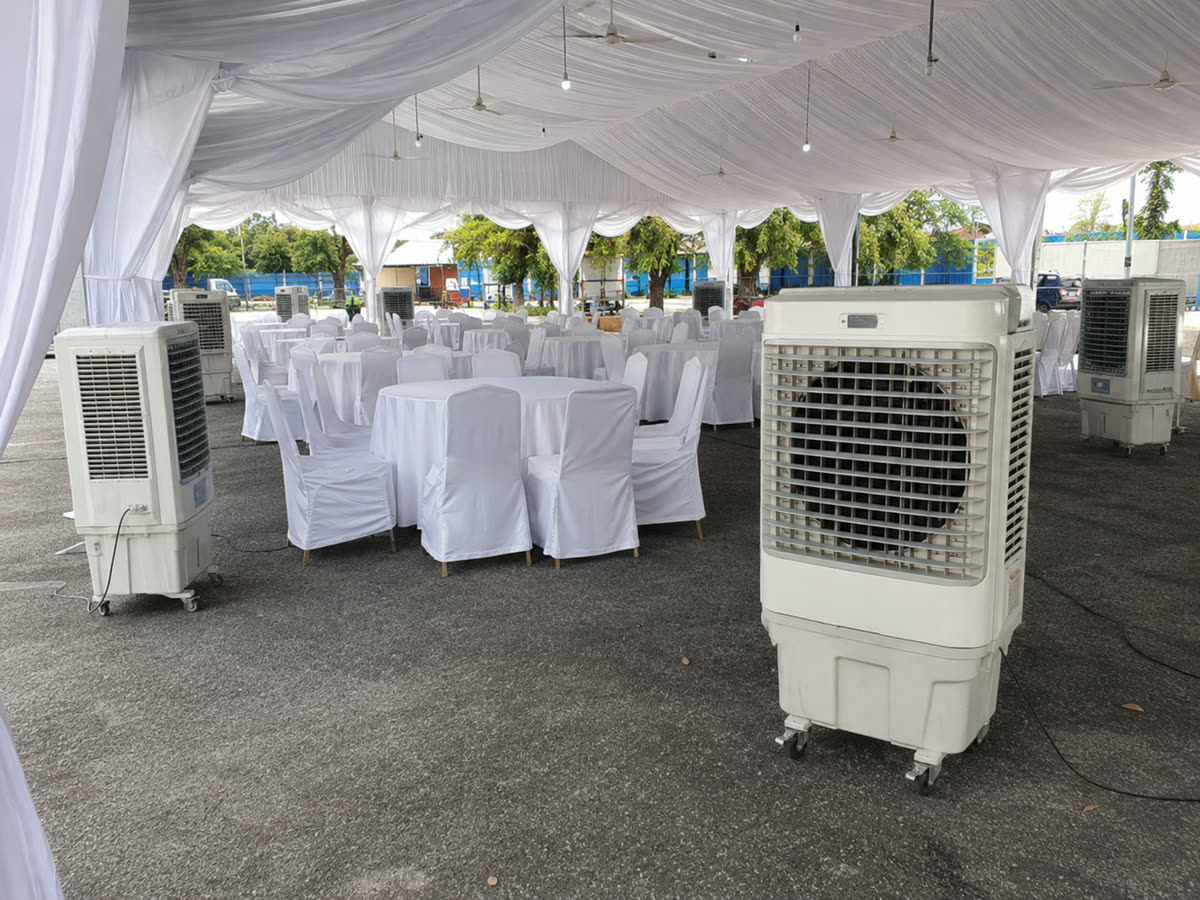 Air cooler rental Selangor wedding canopy dining setup with multiple cooler units