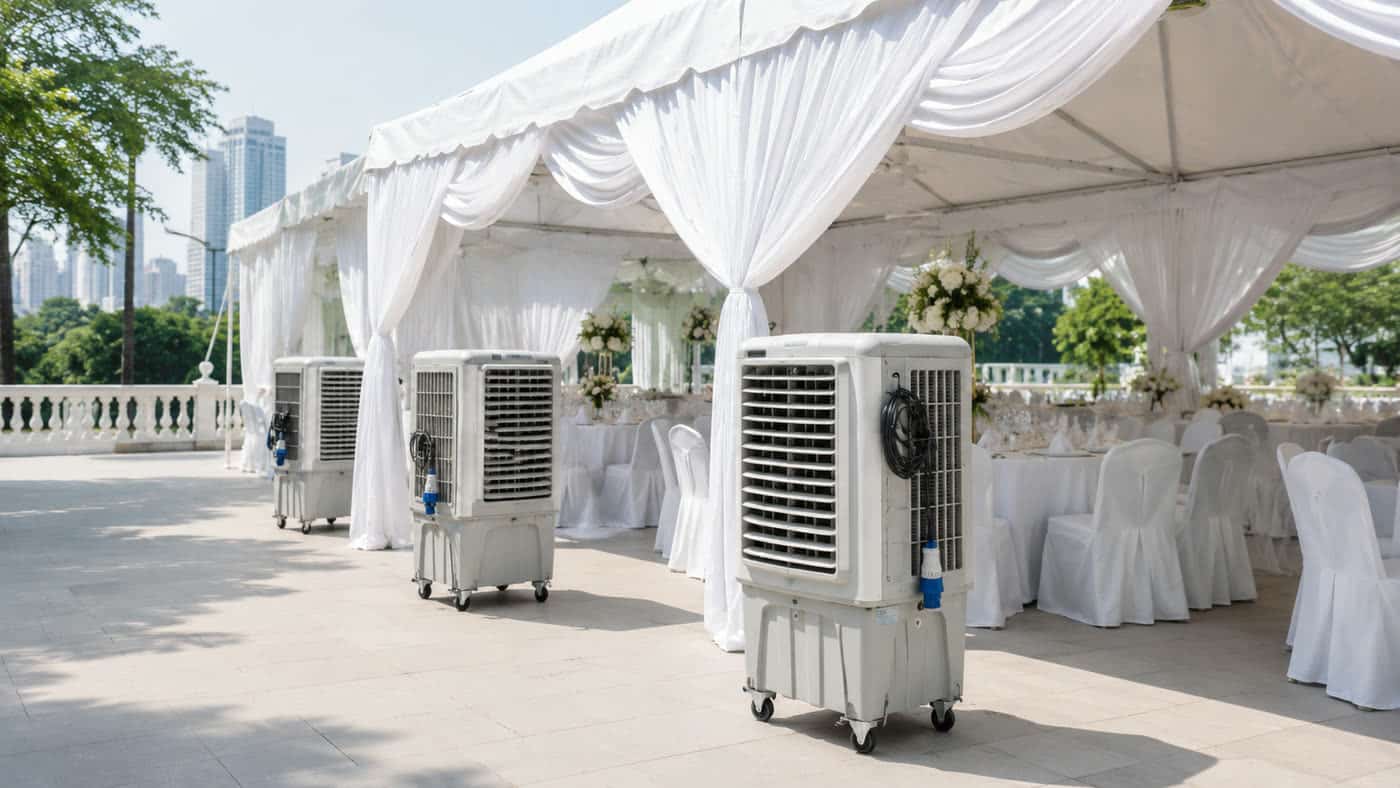 Air cooler rental setup for outdoor wedding canopy in Klang Valley, Kuala Lumpur and Selangor