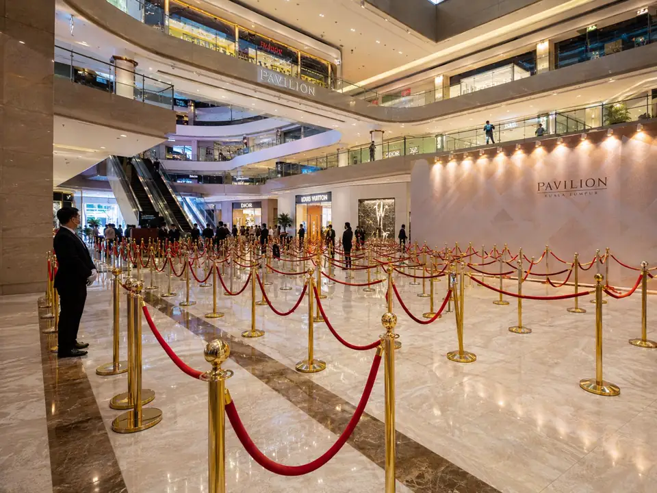 Gold Q pole with red rope large VIP queue deployment inside Pavilion Kuala Lumpur Bukit Bintang shopping mall