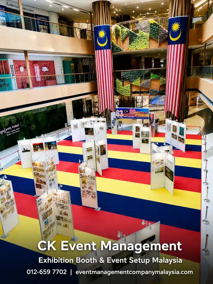 Indoor exhibition booth and display setup in a Malaysian venue