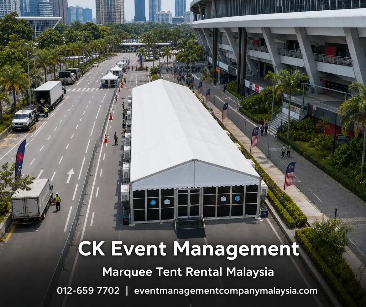 KL stadium style road marquee setup beside a sports venue access road