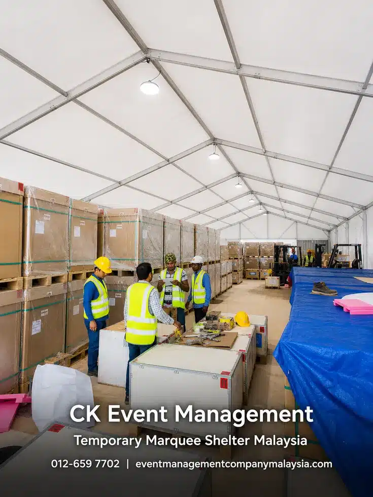 Temporary marquee shelter interior used for warehouse and operations support
