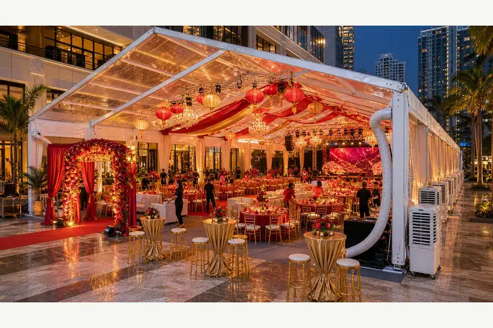Chinese banquet marquee sample in Kuala Lumpur with red and gold decor, LED stage, lanterns and banquet tables