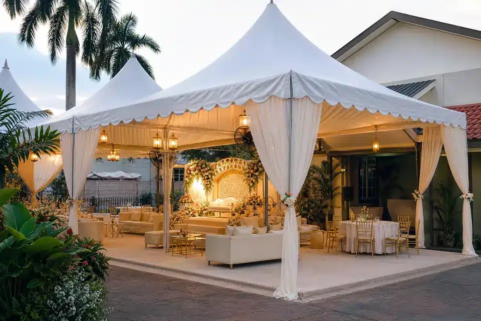 Arabian VIP canopy sample in Malaysia with scalloped tent peaks, lounge seating and warm lantern lights