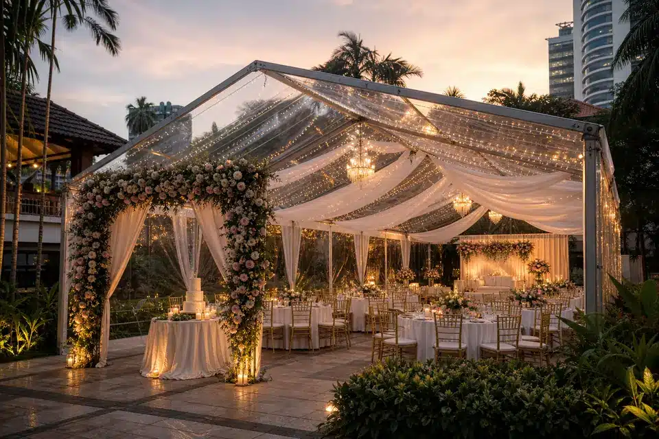 Transparent garden marquee sample in Malaysia with clear roof, chandeliers, floral entrance and banquet tables